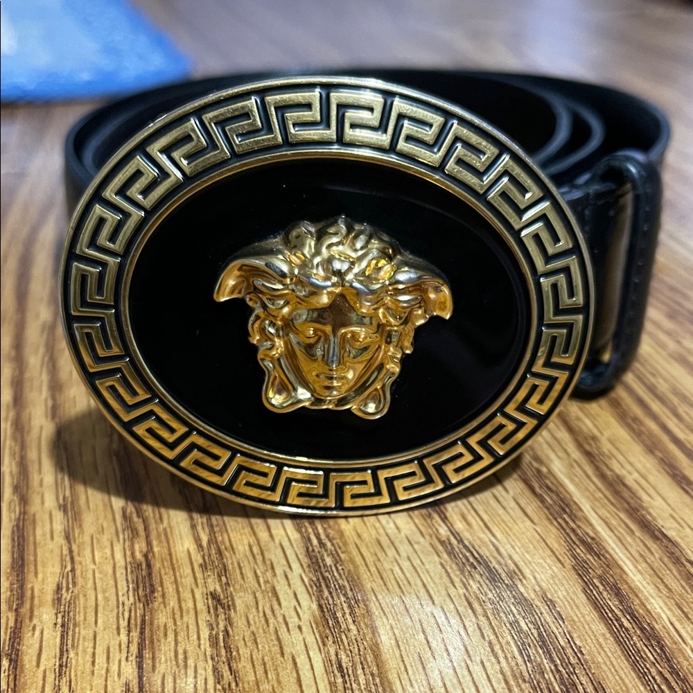 Versace Black Leather Belt with Gold Buckle